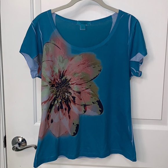 dressbarn Tops - Dressbarn Teal Blue Beaded Scoop Neck Tee Size M
